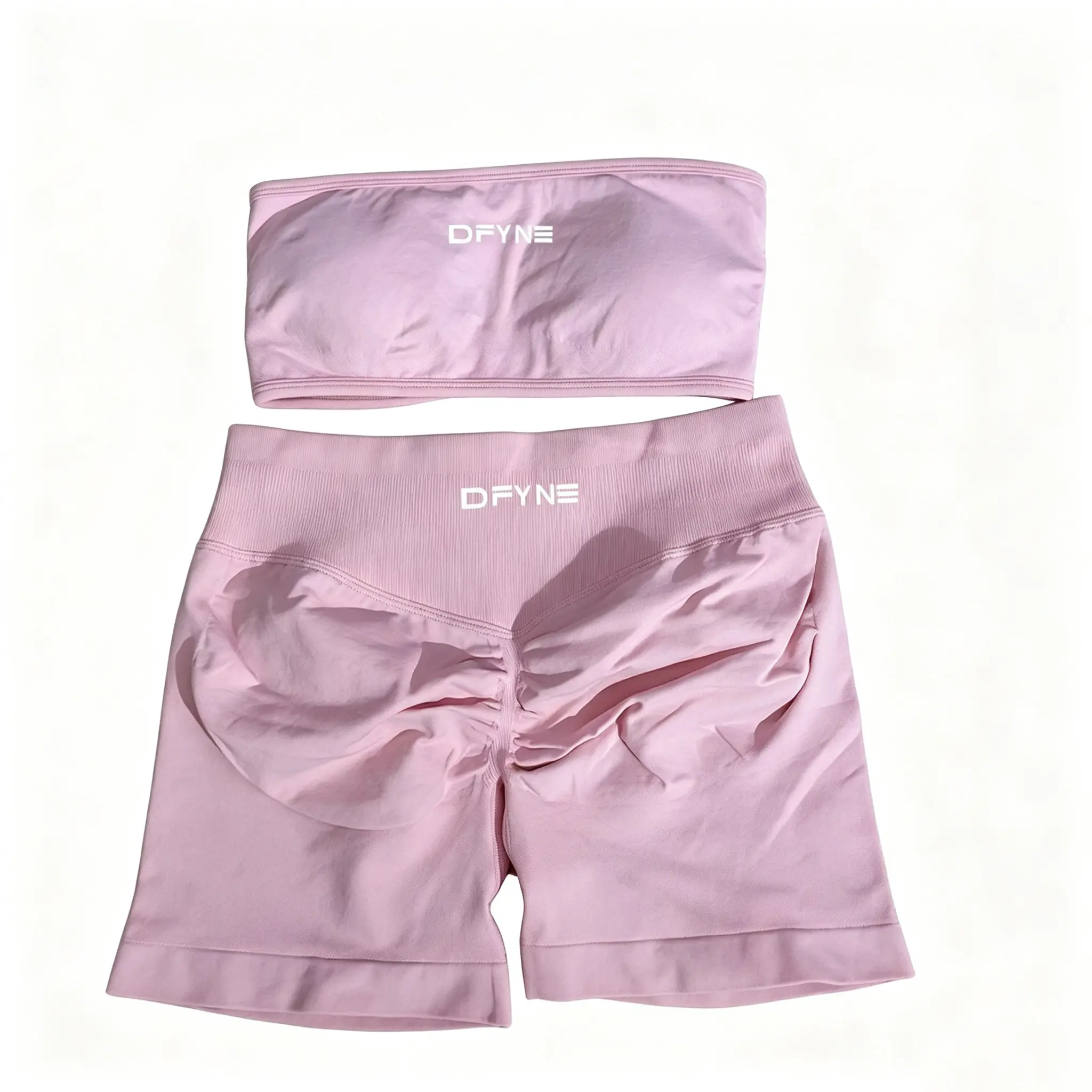 Women's DFYNE Seamless 2-Piece Workout Set - Bandeau Sports Bra, High Waist Scrunch Butt Biker Shorts, Naked Soft Stretch Fabric Fall Athletic Outfit for Gym Yoga Training Outdoor