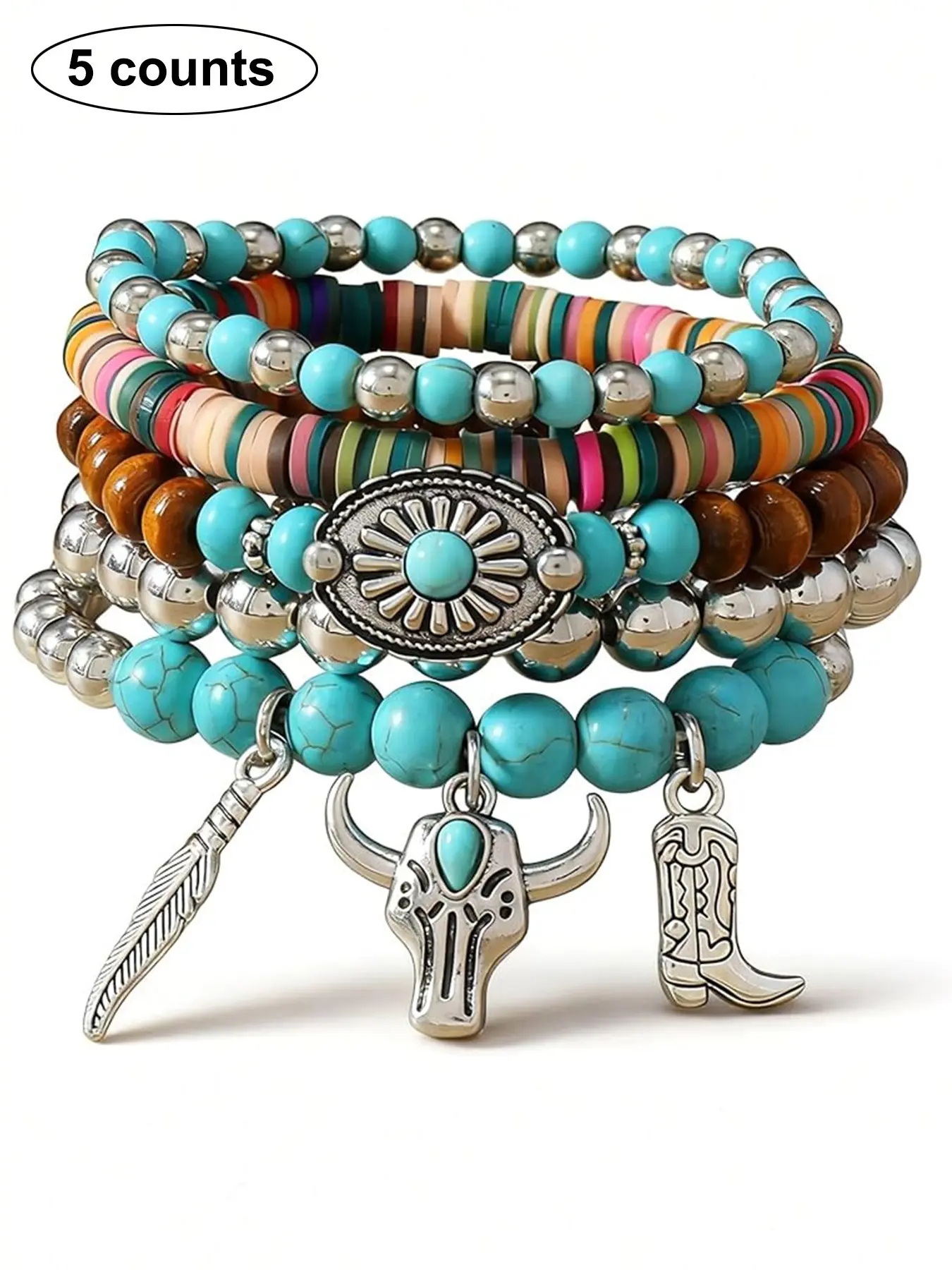 5pcs Western Beaded Stretch Bracelet Stackable Boho Bohemian Bracelets Beach Layered Bracelets Cowboy Chic Outfits Bull Head & Bull Head Decor Bracelet for Women Elastic Bangle Bracelets Beaded Bracelet Set