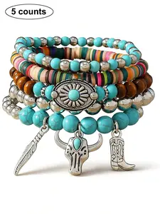 5pcs Western Beaded Stretch Bracelet Stackable Boho Beach Layered Bracelets Cowboy Chic Outfits Bull Head & Bull Head Decor Bracelet for Women Elastic Bangle Bracelets