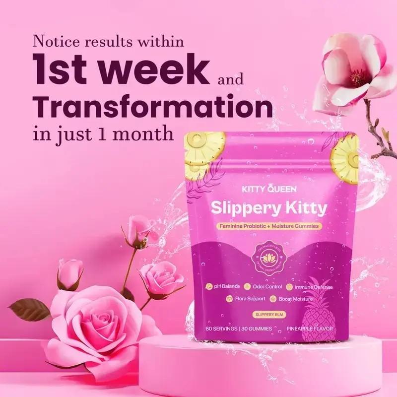 Slippery Kitty Feminine Probiotic + Moisture Gummies - All in One Solution with Slippery Elm Odor Control, Flora Support and Moisture Boost 60 Count Pineapple Flavor