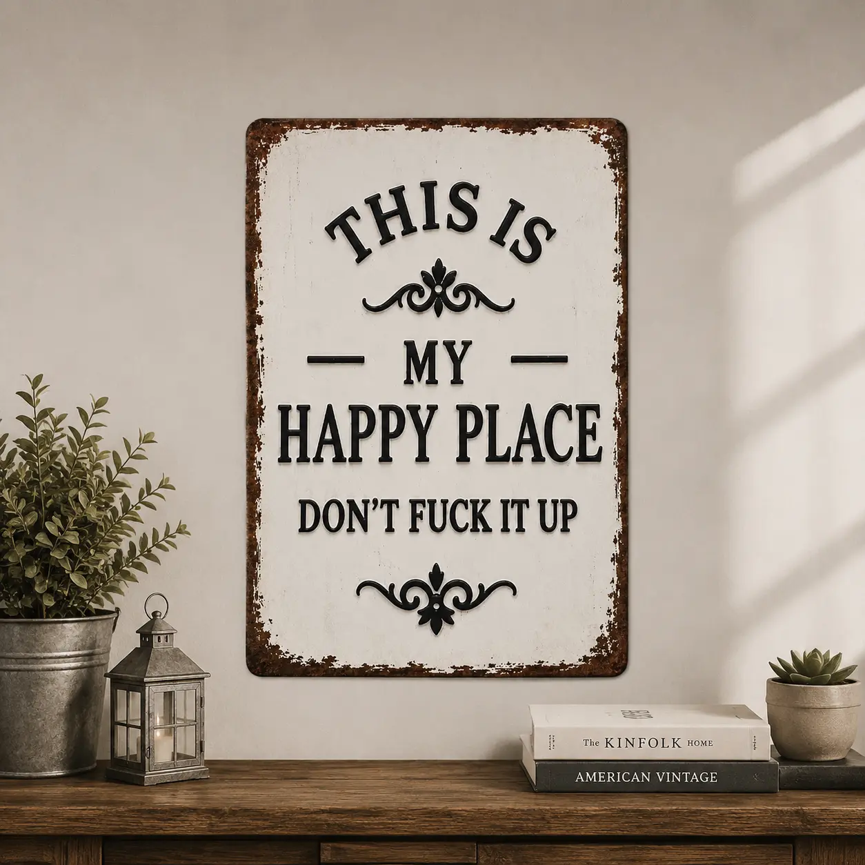 8x12 Inch Rustic Aluminium Rectangular Decorative Wall Sign - Engraved Humorous Quote "This Is My Happy Place Don't Fuck It Up", Novelty Country Farmhouse Home Décor Plaque for Living Room Home Supplies