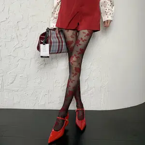 Sexy Women's Tights Embroidery Rose Flower Body Stockings Pantyhose Red and Black Thigh High Stockings Pantyhose Female Hosiery