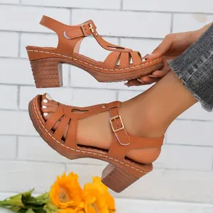 Summer Stylish Solid Color T-Strap High Heels - Women's Casual One-Strap Non-Slip Chunky Sandals Footwear Girl