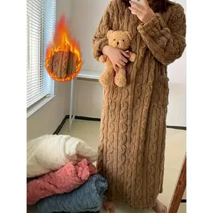 [Warm Plush] Cozy Coral Fleece Long Nightdress with Pockets | 1pc | Fleece | Warm, Plush, Thickened, Pockets | Home Wear | Adults | Winter