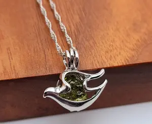 100% Genuine Natural Moldavite Dove Locker Necklace  Silver Tone