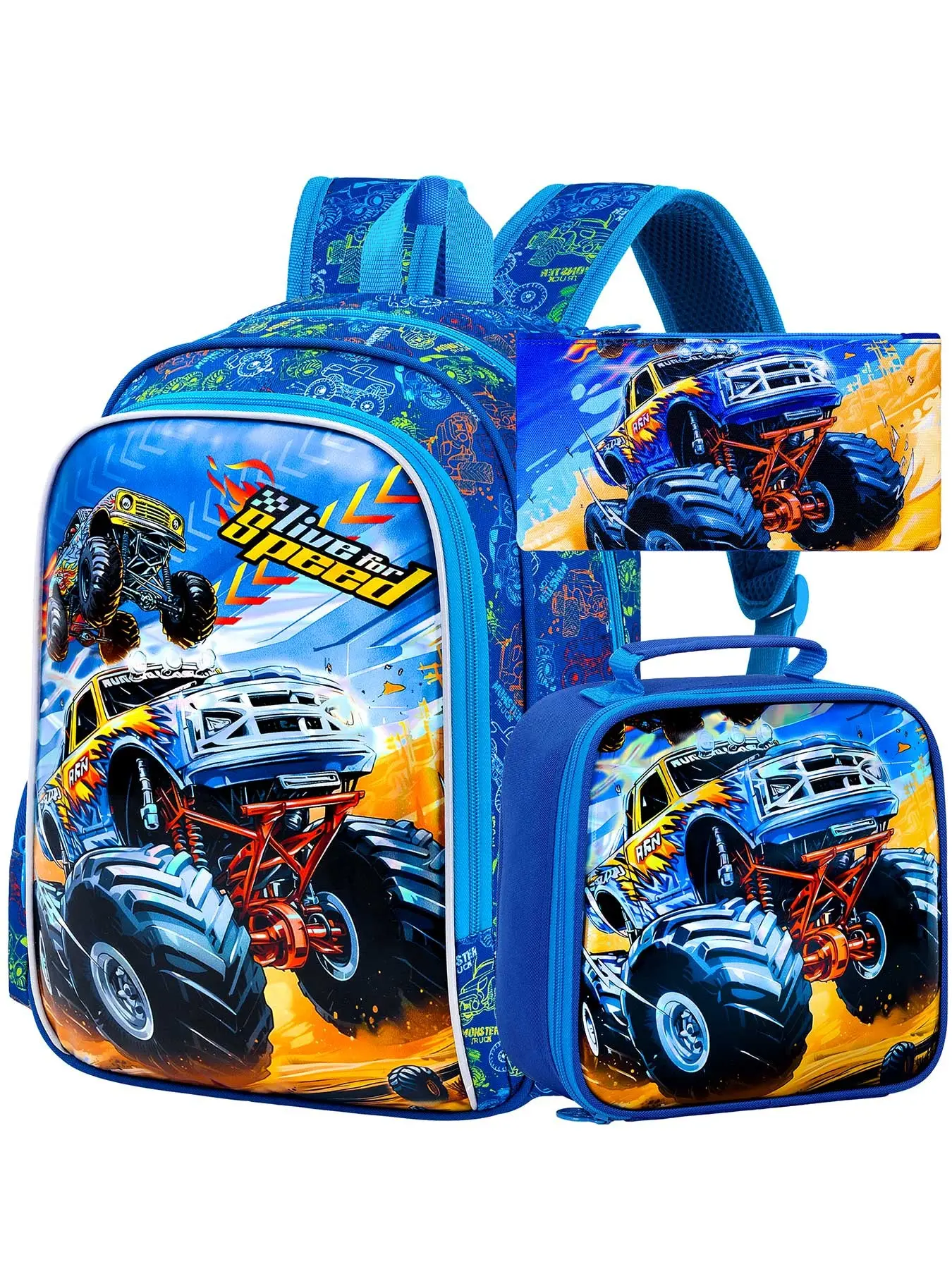 3PCS Truck Backpack Set for Kids - Vibrant Off-Road Truck Design Multi Function Backpack with Insulated Lunch Box & Pencil Case - Ideal for Boys Elementary School & Outdoor Adventures
