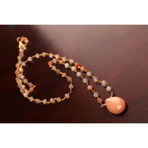 Multi Moonstone Wire Wrapped Rosary Necklace with Peach Aventurine Pendant