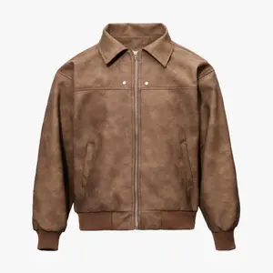 Fullneat Oversized Faux Leather Zip-Up Bomber Jacket, 90s Vintage Biker Racing Moto Jacket, Streetwear Coat, Men’s Top, Long Sleeve, Zip Closure, Beige/Brown