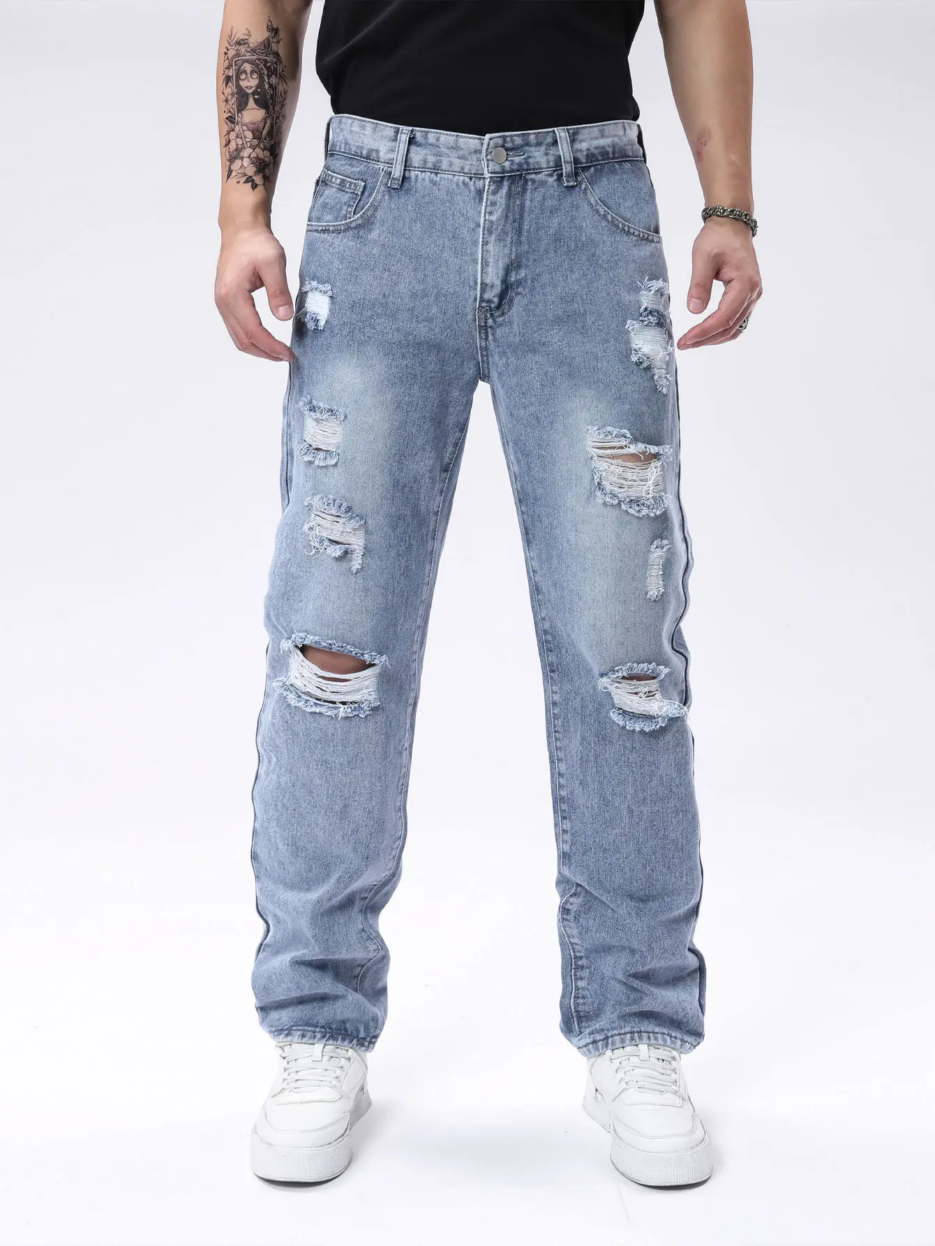 Men's Ripped Light Wash Straight Leg Jeans with Distressed Details - Relaxed Fit Denim Pants with Knee Tears & Frayed Hem, Casual Streetwear Trousers, No-Logo, 30-40, Fast US Shipping #RippedLightWashJeans #DistressedDenim #TikTokMadeMeBuyIt