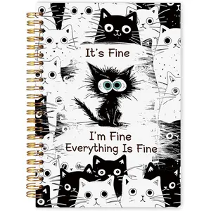 Funny Black Cat Office Notebook Diary 5.5x8.3, Cat Lover Gift, I'm Fine, Everything Is Great Funny Work Notebook, Black and White Kitten Spiral Diary