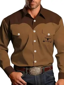 Men's Western-Style Patchwork Long-Sleeve Polyester Shirt - Classic Brown, Retro Fitted Fit, Totem-Embellished Personalized Pocket, All-Seasons Casual Daily Wear Top