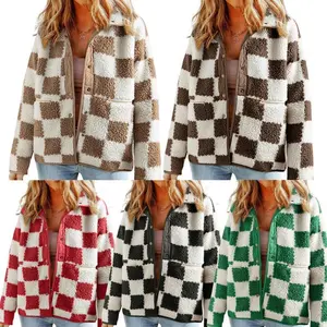 Jacket for Women Plaid Long Sleeve Lightweight Fleece Jacket Button Down Checkerboard Sherpa Coats Fall Outwear