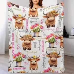 Personalized Cow Checkered Name Blankets, Calf & Scottish Cow Pattern with Heart & Scottish Lettering, Soft Flannel All-Season Throw for Indoor Outdoor Use, Perfect for Christmas Gift and Camping,summervibes