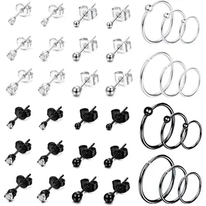 18 Pairs Unisex Stainless Steel Tiny Stud & Hoop Earrings Set | 20G Hypoallergenic Silver & Black Tone Earring Pack | 2/3/4mm CZ Ball Studs & 6/8/10mm Small Endless Hoops for Multiple Piercings & Cartilage