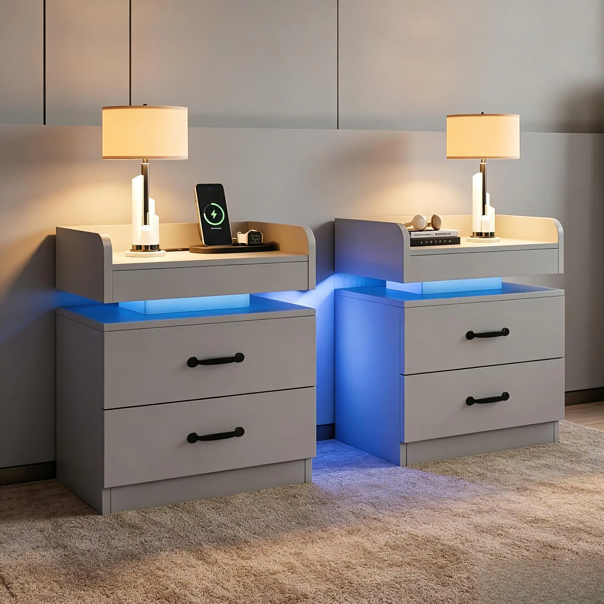 LED Nightstand Set of 2 - Modern MDF Wood Bedside Tables with 2 Drawers, Lights, USB Charging Charging Station, 24.5" H x 13.4" D x 19.3" W, Multi-Functional Indoor End Tables (Black, White, Grey)