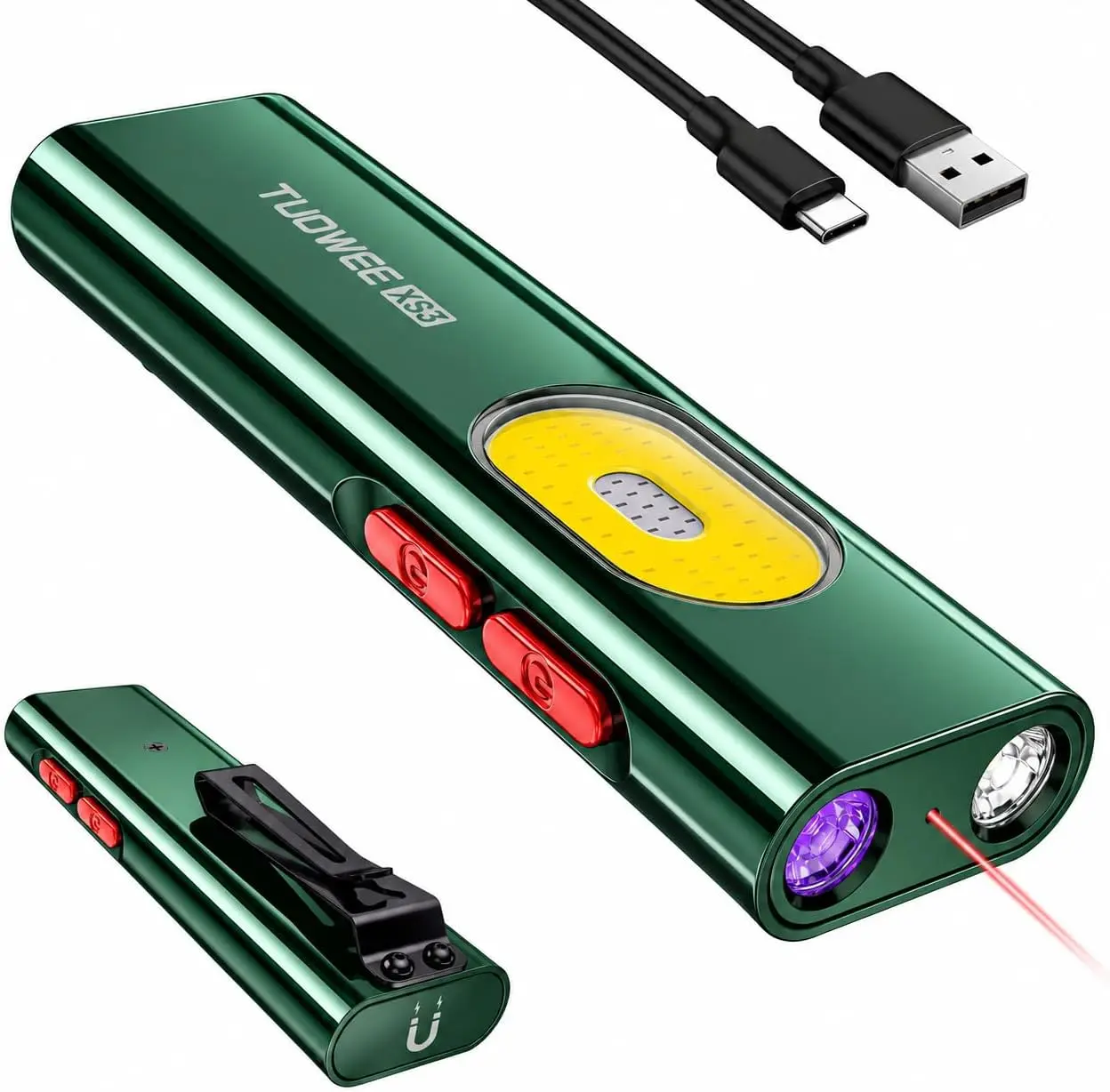 TUOWEE XS3 Super Bright EDC LED Handheld Torch - 1400 Lumen Flat Aluminum Body, USB-C Rechargeable, Magnetic Base, 10 Modes (UV/Red), Portable Multifunctional High Lumen Flashlight for Hiking Gear, Workshop Use