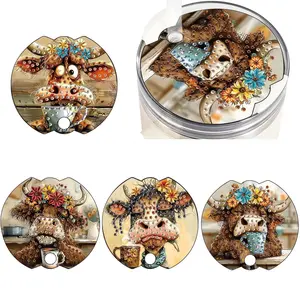 Cute Cow Pattern DIY Diamond Art Diamond Pattern Design Colorful Painting Cup Cover Kit, 4pcs/set Round Cup Lid, DIY Decorative Label Decoration for Coffee Cup, Diamond Painting Kits