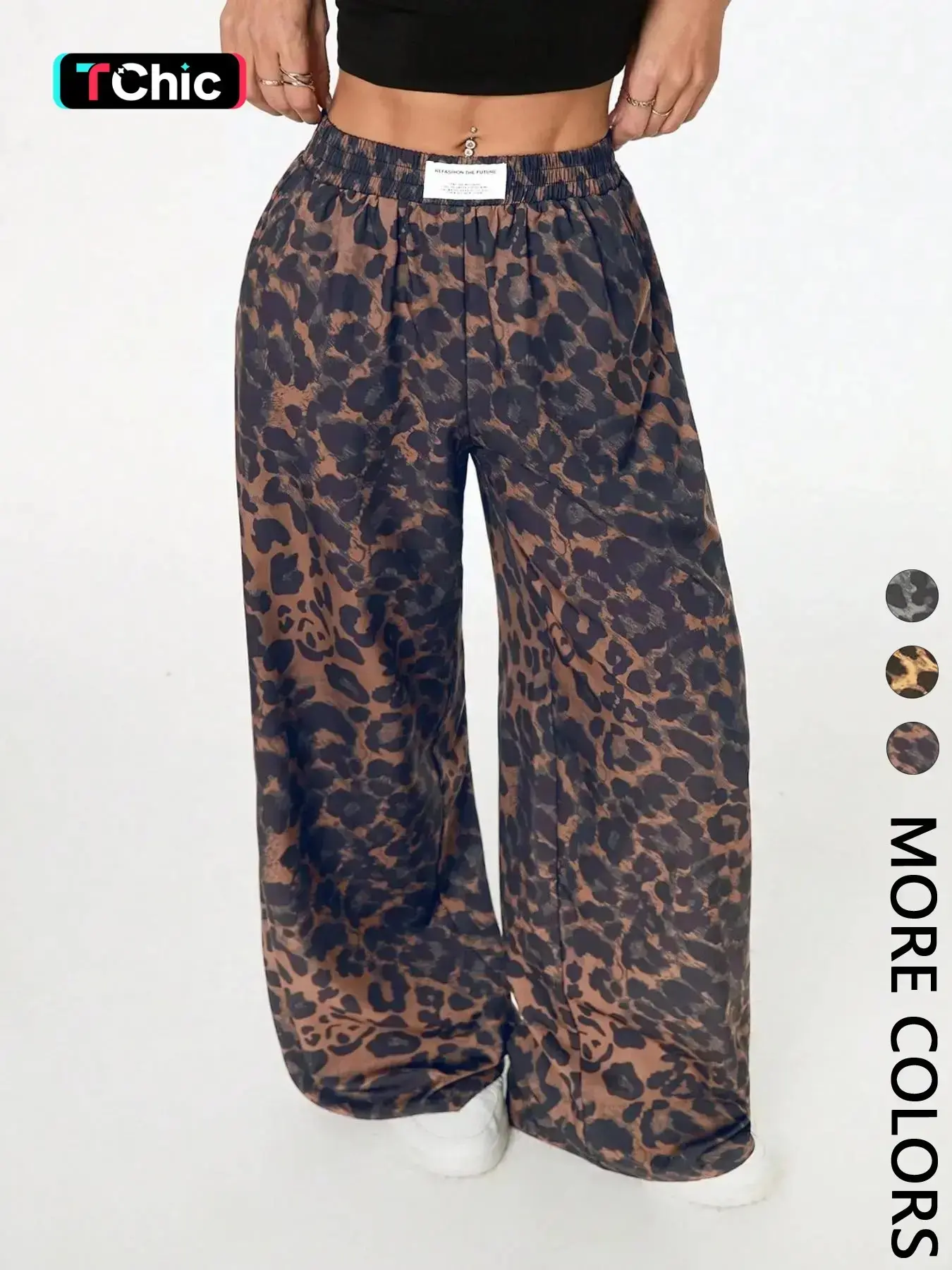 Women's Leopard Print High Waist Elastic Loose Oversized Wide Leg Pants Street Style Summer 2026 Breathable Lightweight Casual Fashion Bottoms