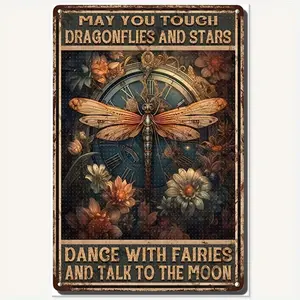 Enchanting Antique Metal Tin Sign: "Touch Dragonflies, Dance with Fairies, and Talk to the Moon" – Perfect for Your Garage or Man Cave Vintage Garage Signs