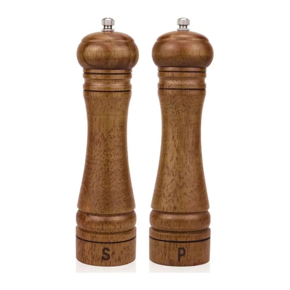 Wood Salt and Pepper Grinder Set – 8 Inch Oak Wood Pepper Mill & Salt Mill with Adjustable Ceramic Rotor, Manual Spice Grinders, Refillable Salt Shakers and Pepper Mills for Kitchen, BBQ, Camping – Pack of 2, Gift Boxed