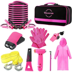 Car Emergency Kit, Pink Roadside Emergency Car Kit with Jumper Cables, Tow Rope, Safety Hammer, Pink Car Accessories for Women