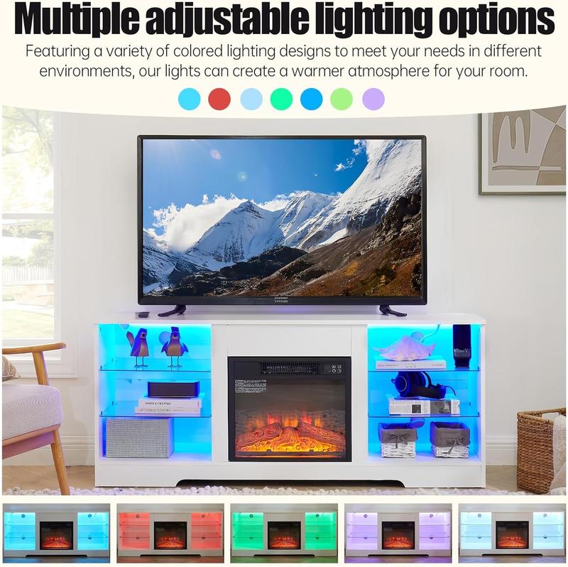 TV Stand Electric Fireplace TV Stand with Glass Shelves, 3D Fireplace TV Stand with LED Lights Wood with USB Charging Outlet Modern Television Table Center for TV up to 32-62" (White)