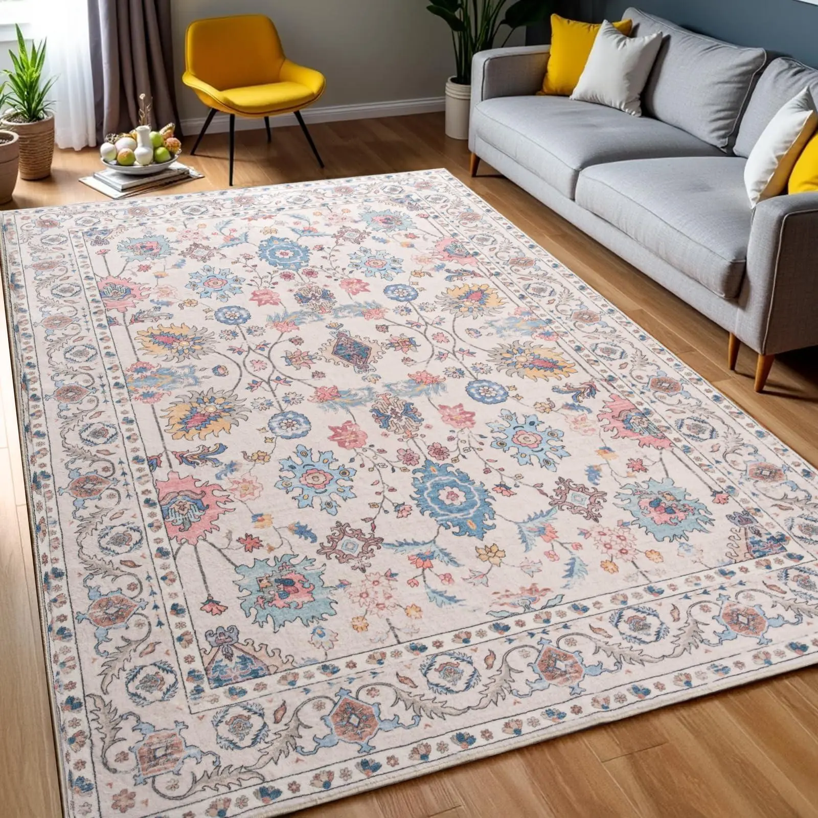 Beige 0.3 In Low Pile & Non-Slip Indoor Floor Area Rug,Beige Washable Vintage Faux Wool Throw Bedroom Carpet For Home Office, Kids Room, Bedside, 4x6, 5x7, 6x9, 8x10, 9x12 Feet