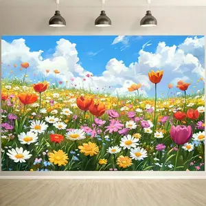 1pc Rustic Wooden-Themed Backdrop with Vibrant Wildflower Field – Red Tulips, Pink Cosmos, White Daisies, Lush Greenery & Fluffy Clouds – Perfect for Parties, Weddings, Baptisms, and Events –