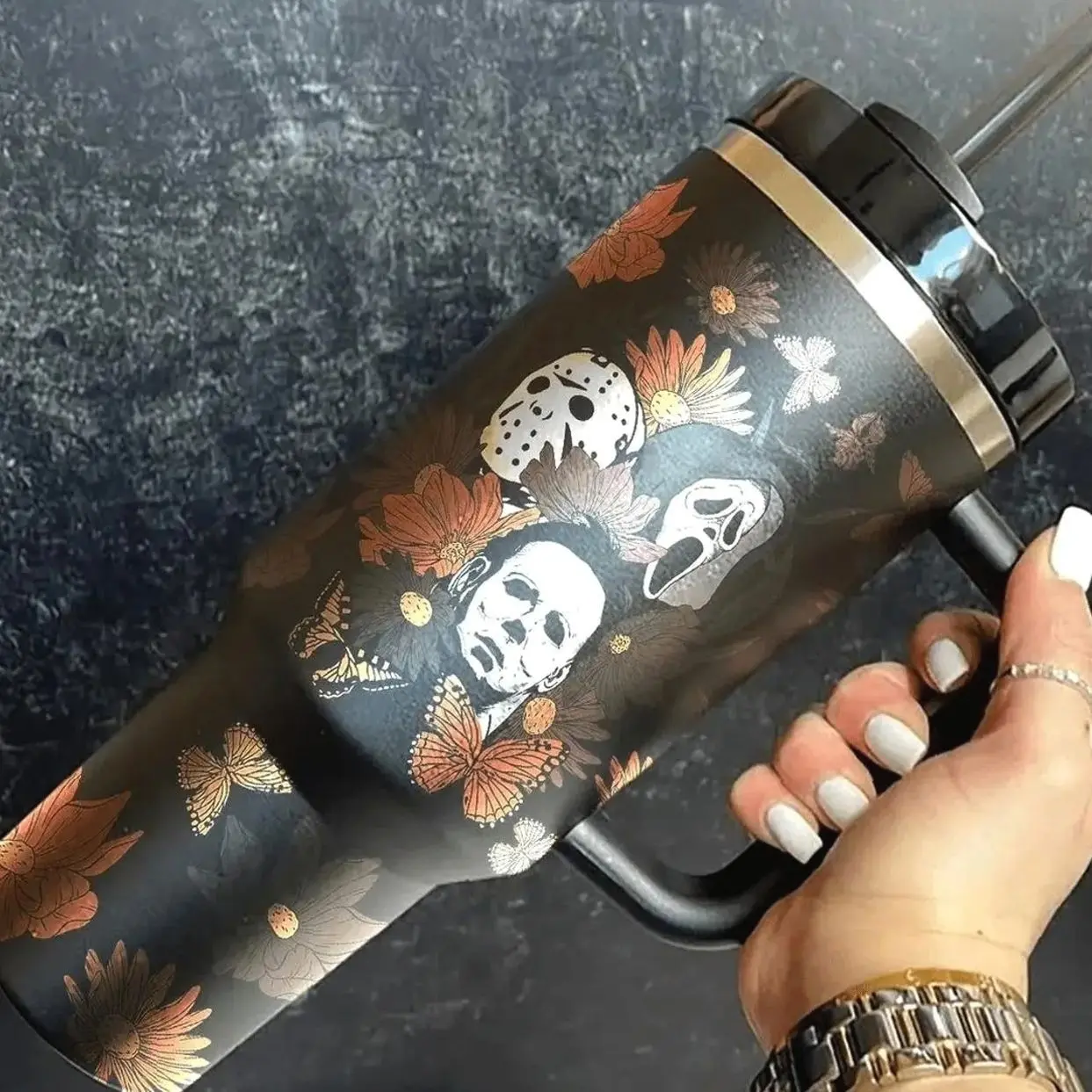 Essential Horror Icons 20oz 30oz 40oz Fall Tumbler Collection Spooky Slasher Floral Cup with Handle & Straw Insulated Hot & Cold Drinkware for Autumn