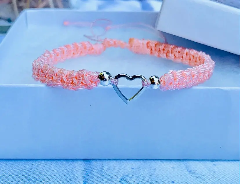 Pink Silver Yarn Woven Heart Charm Bracelet, Adjustable Length, Handcrafted Look Costume Jewelry Accessory, Woven Bracelet