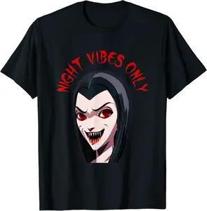 Scary Vampire Woman Fang Halloween Graphic Night Vibes Only T-Shirt - Briannama Shop T6FB0BBP7SBFL