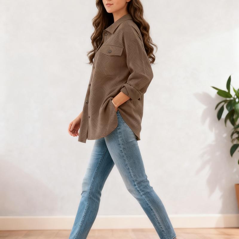 Women's Shacket Jacket with Pockets Casual Fall Coat Long Sleeve Flannel Shirts Button Down Collared Winter Clothes Fit Outfits Soft Warm Chic Oversized Tops