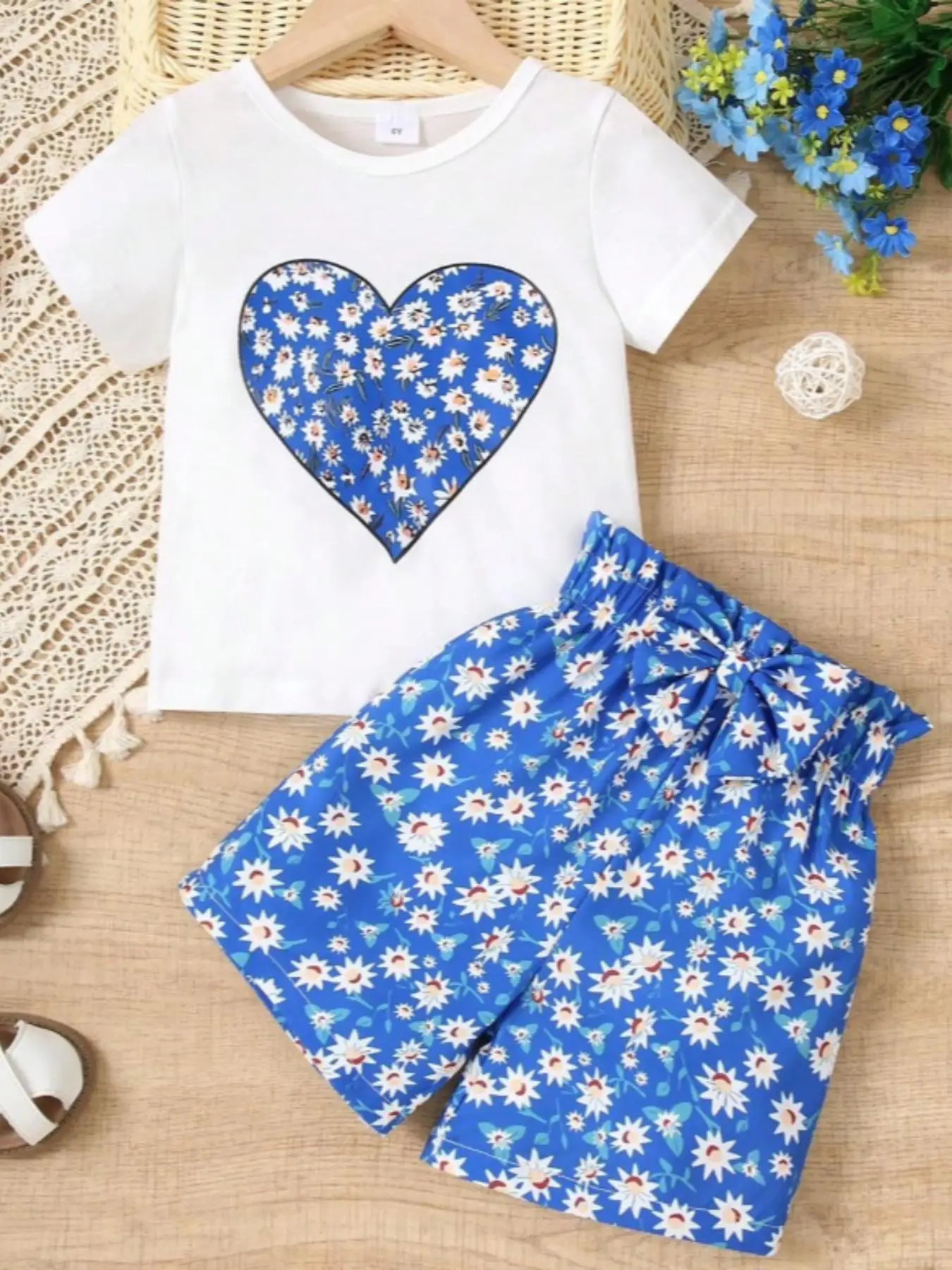 Two-piece Set Girl's Floral Print Top & Shorts, Casual Short Sleeve T-shirt & Shorts, Summer Outfits Clothes for Kids, Summer Gift Set