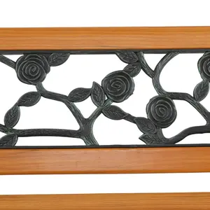 Rose Style 49" Hardwood & Cast Iron Garden Bench Porch Love Seat with Floral Back & Weather Resistant Design Modern Outdoor Decor