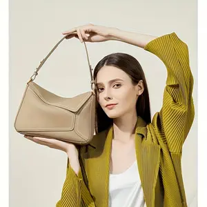 Genuine Leather Geometric Tote Bag For Women Shoulder Bag Fashion Clutch Zipper Closure