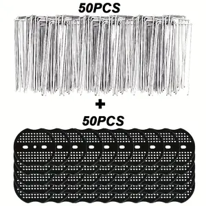 100 Pack Heavy Duty U-Shaped Galvanized Tent Stakes with Washers - Metal Ground Pegs for Outdoor Tents, Camping, Weed Barrier Landscape Fabric, Garden Stakes