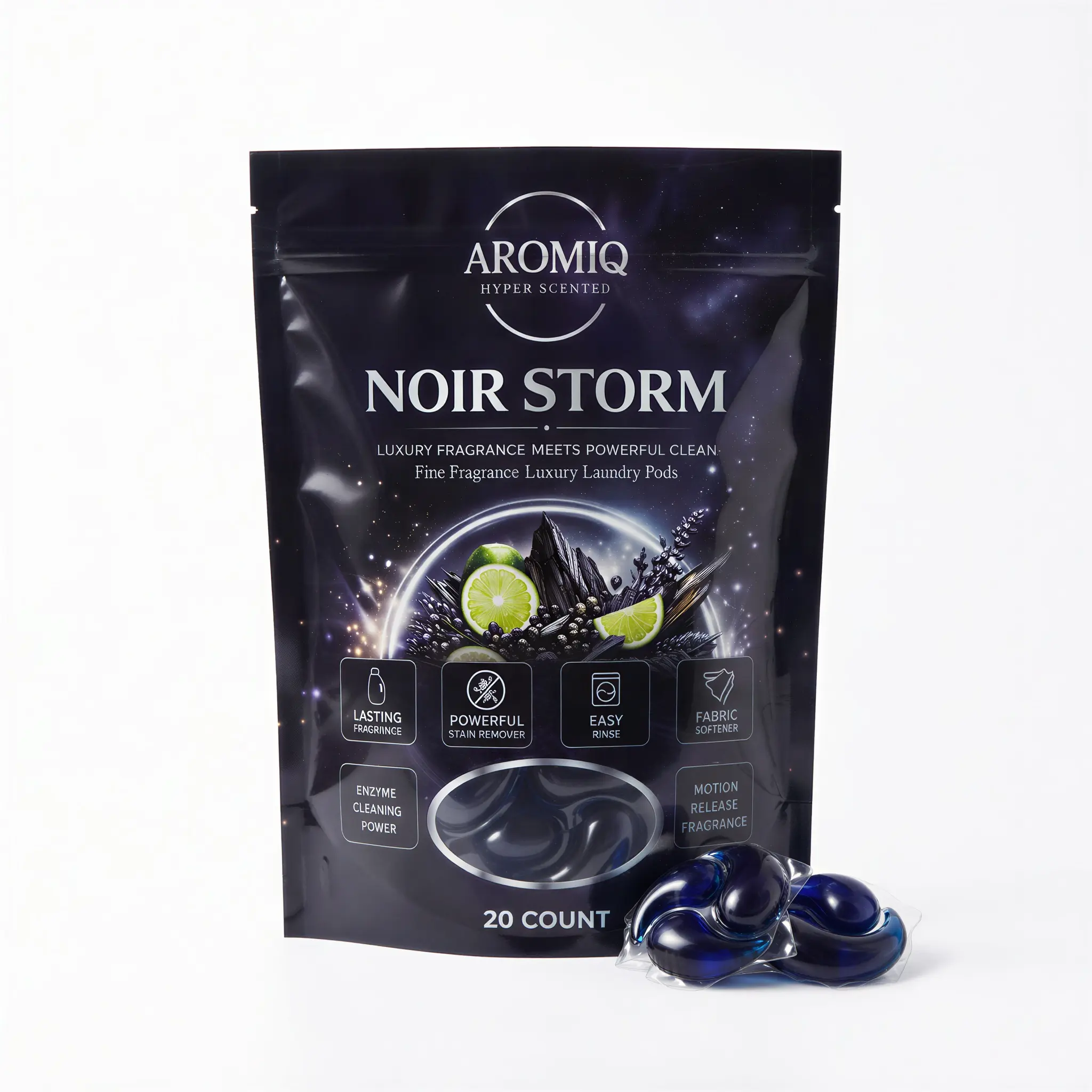 Aromiq Hyper Scented Noir Storm - 20 Count - Premium Laundry Pods: Ultimate Deep Clean & Luxury Fragrance Boost, 8x Concentrated Formula for Tough Odor & Stain Removal, High-End Designer Scent Laundry Pods