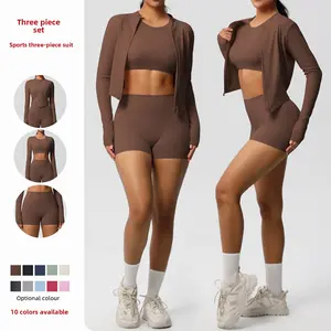 New solid color naked-feel brushed long-sleeve jacket tight-fitting three-piece sports running fitness yoga outfit set