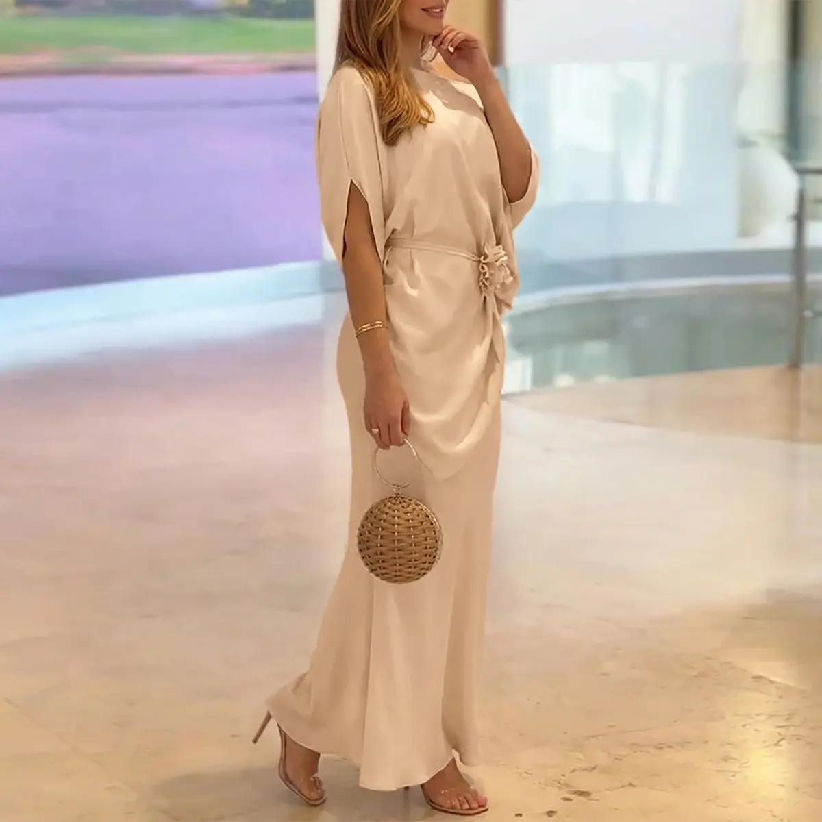 CHICME Women's 2 Pieces Outfit Skew Neck Batwing Sleeve Asymmetrical Hem Top and High Waist Zipper