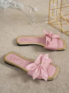 Women's Bowknot Sandals Square Toe Slip-On Flat Shoes, Fashionable Outdoor Beach Vacation Casual Wear Comfort Anti-Slip