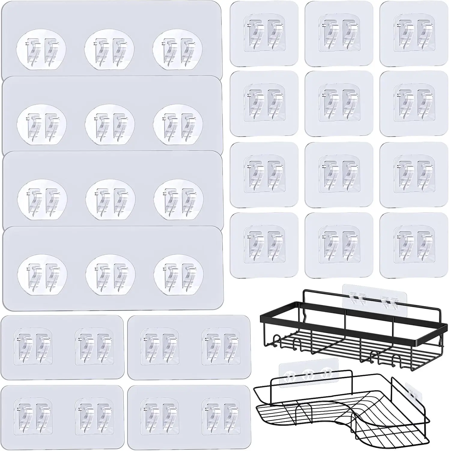 24Pack Shower  Adhesive Hooks, No Drill, Heavy Duty, , Clear, Minimalist, Plastic, Wall Mount, 22lbs Max Weight, Bathroom & Kitchen Use