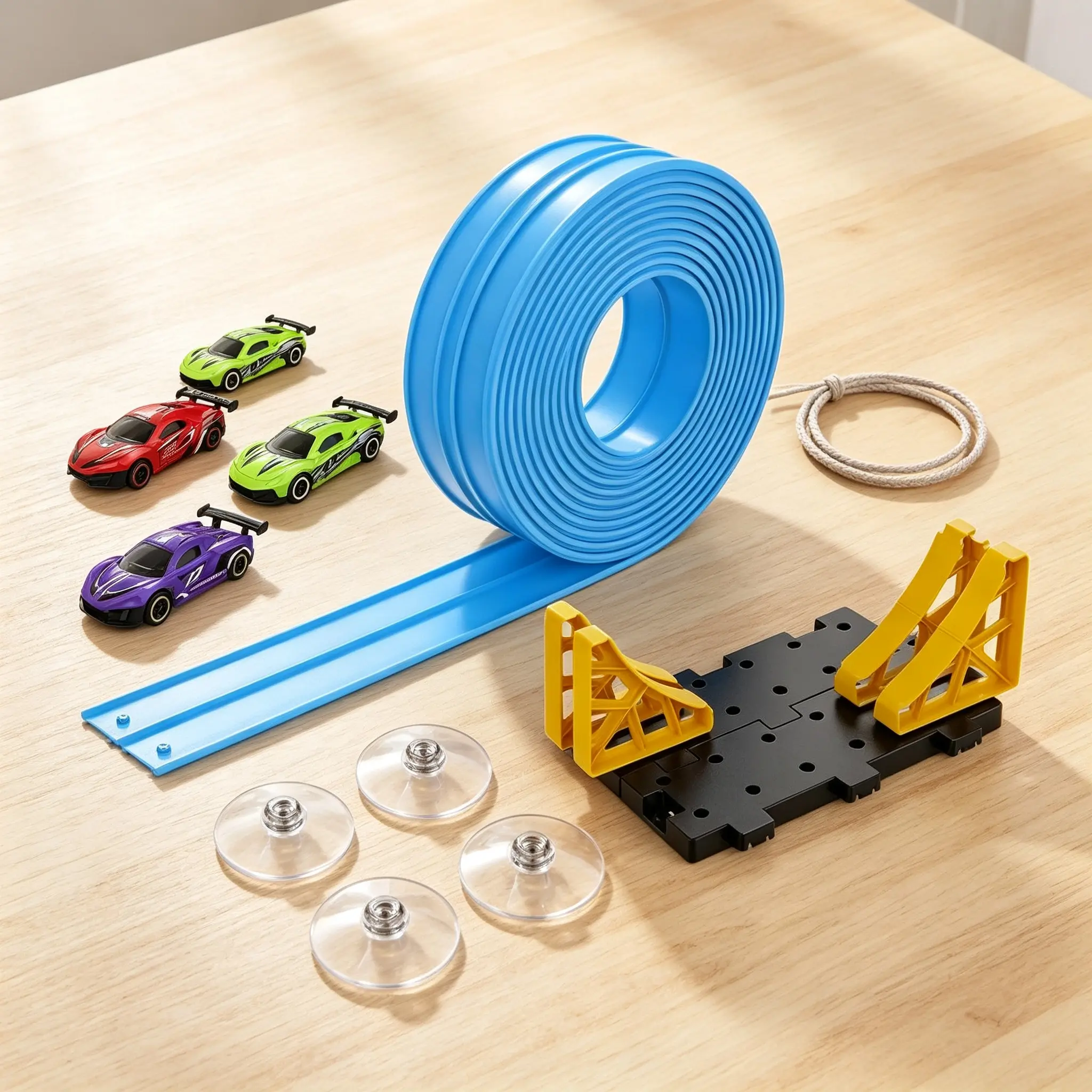 Flex Race Track, 16 Ft Track with Suction Cups Compatible with 1/64 Diecast Cars, Portable Roll Out Flexible Car Track Toys for Toddlers & Kids Ages 3+, Light Blue