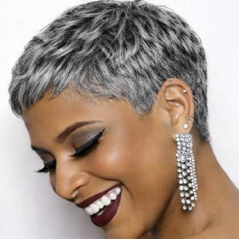 Short Grey Wigs for Black Women 100% Human Hair Wig, Silver Grey Pixie Cut Human Hair Wig Glueless Machine Made Salt and Pepper Short Cut Wig, Lightweight Wear and Go Layered Wigs for Daily Wear