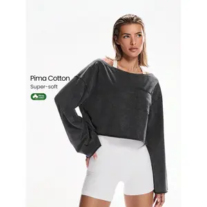 GLOWMODE Washed Pima Cotton Glow And Go Soft Breathable Curled Hem Cuffs Pockets Cropped Length Long-Sleeve Top Daily Casual Wear
