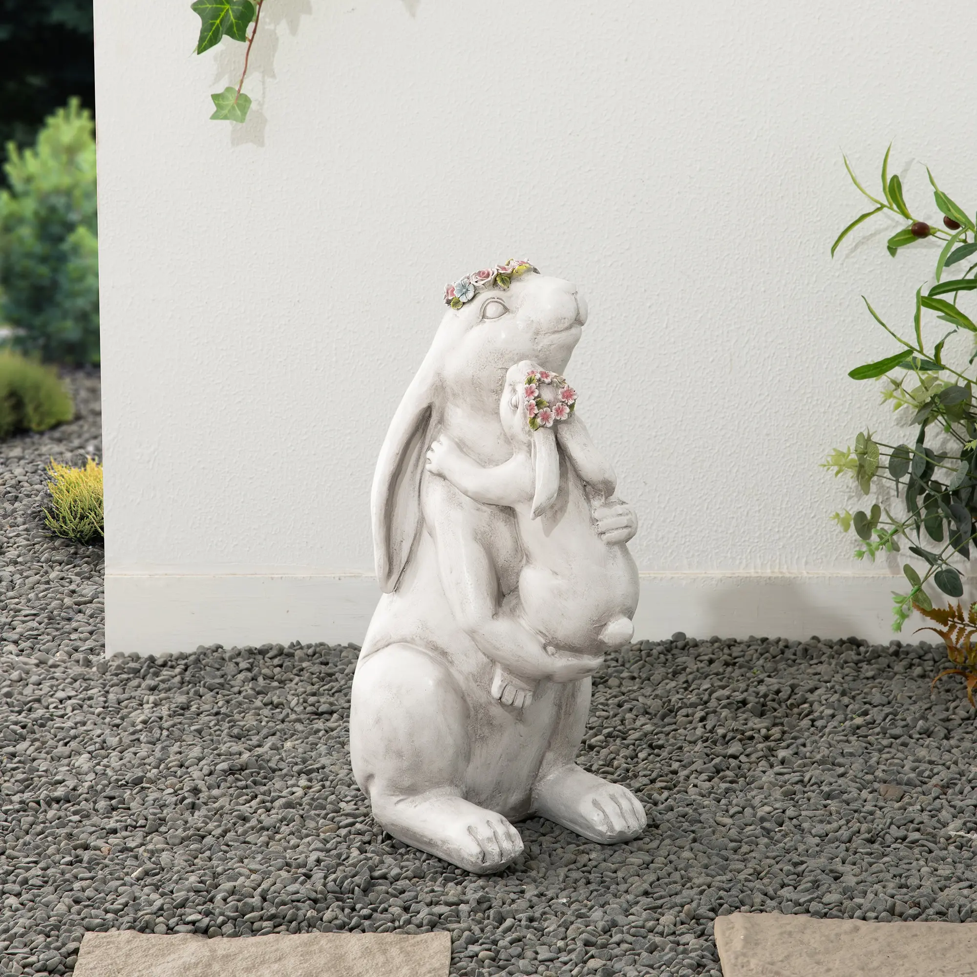 Glitzhome 17''H MGO Hugging Mom and Baby Rabbit Statue, Dainty Bunny Statues, Animal Shape Home Decor Figurine, Animal Shape Statues