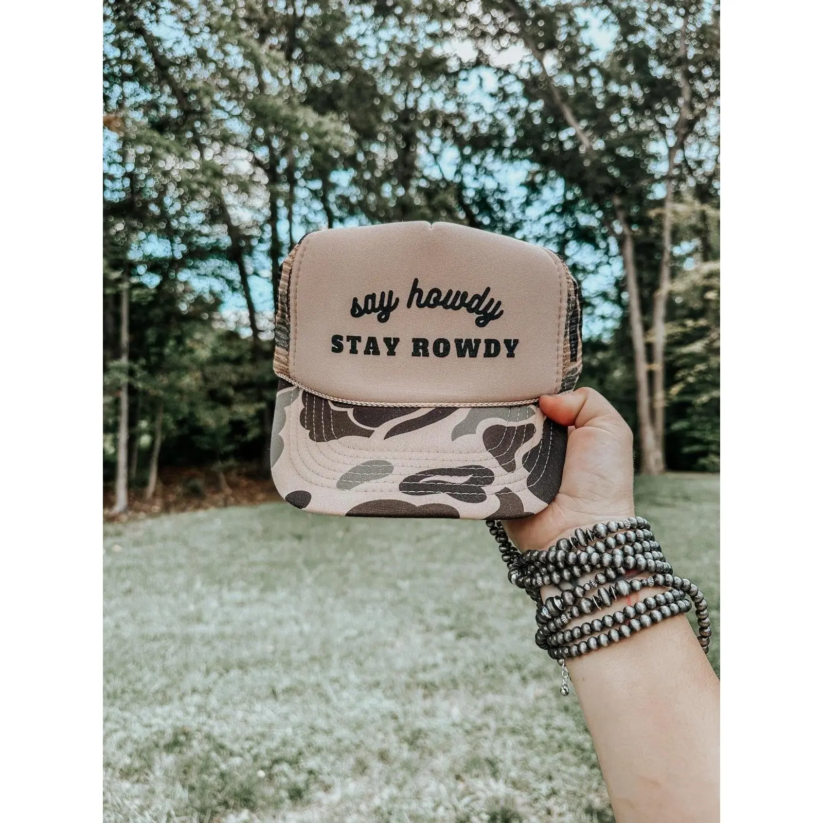 SAY HOWDY, STAY ROWDY Trucker Hat, Western Style Hats for Women in Lightweight Nylon Mesh with Adjustable Snapback for Memorial Day, Adjustable Snapback Hat, Cowgirl Style