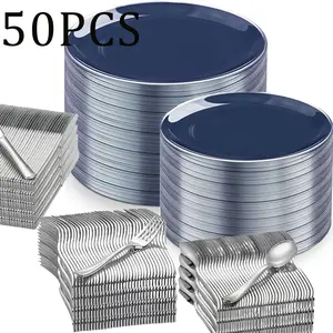 50pcs Blue Plates with Gold Trim, Silver Color Cutlery Set, Perfect for Birthdays, Weddings, Parties, Disposable Tableware, Modern Style