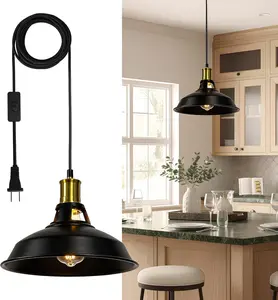 Plug in Pendant Light Fixture, Industrial Hanging Light with 15FT Plug in Cord, On/Off Switch, Black & Gold Metal Shade, Farmhouse E26 Pendant Lamp for Kitchen Island, Dining Room, Bedroom