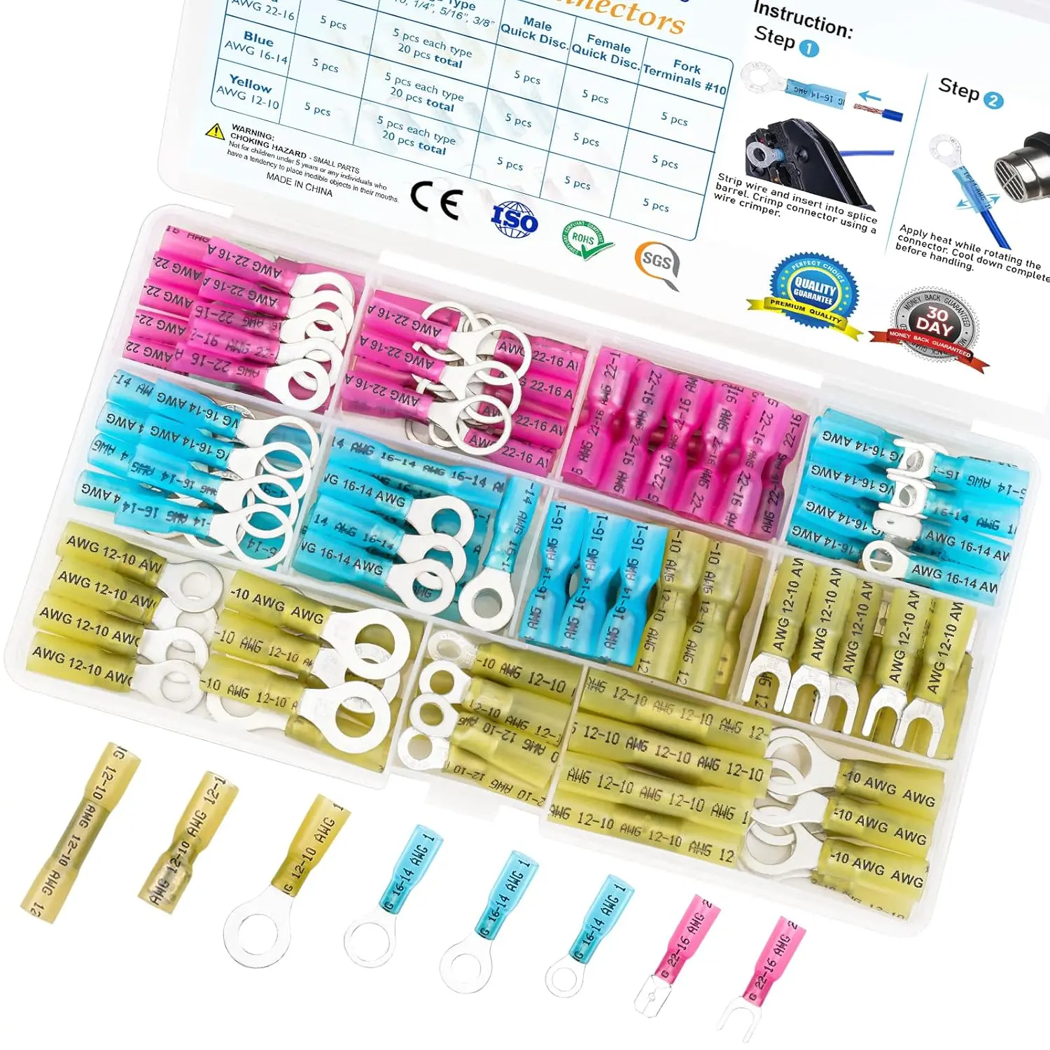 120-Count Assorted Crimp Wire Connectors Kit, 22-10 AWG Copper Barrel 360-Seal Terminals with Assorted Colors, Ring/Fork/Spade Splices, 1/4 Inch Size for Marine Auto Electrical Use, Heat Seal for Secure Bond