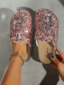 Women's Silver Color Sequin Bow Mule Slippers, Square Toe Soft Sole Lazy Shoes, Spring Summer Party Casual All-Season Footwear